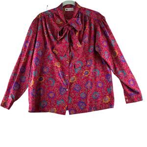 Vintage Stefanie Button Bow Neck Blouse Women's 10 Red Floral Old Money Tailored